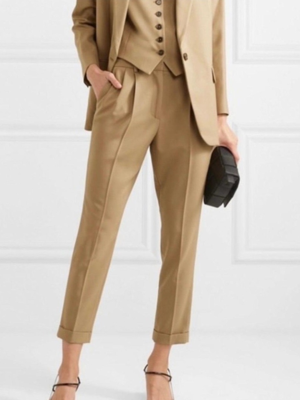 Nili Lotan Paris Twill Trousers Tan High Rise Pleated Cuffed Quiet Luxury Sz 8